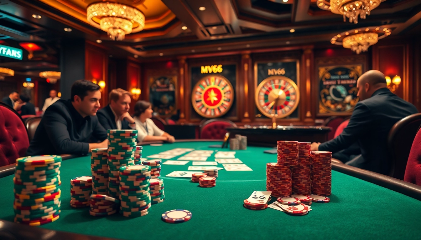 Exciting casino scene showcasing MV66-themed poker chips and cards on a luxury gambling table.