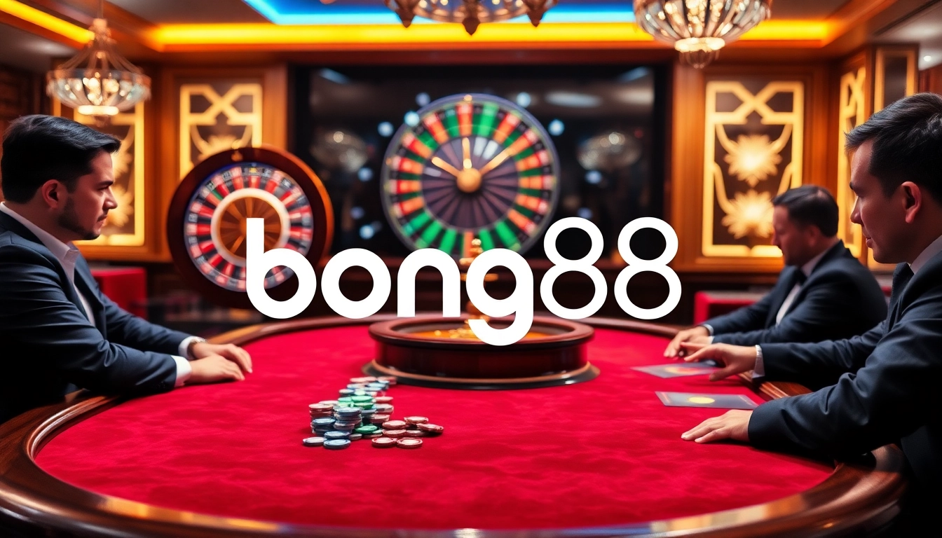 Bong88's vibrant casino scene featuring poker tables and roulette wheels captures the thrill of professional gambling.