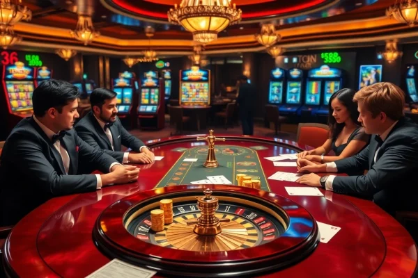 Engaging players at Fb88 casino surround a vibrant poker table with chips and cards.