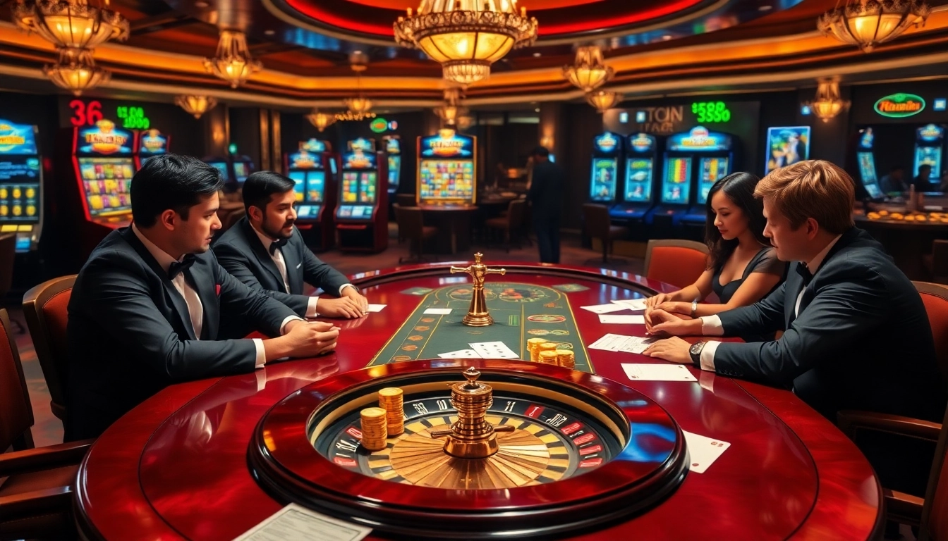 Engaging players at Fb88 casino surround a vibrant poker table with chips and cards.