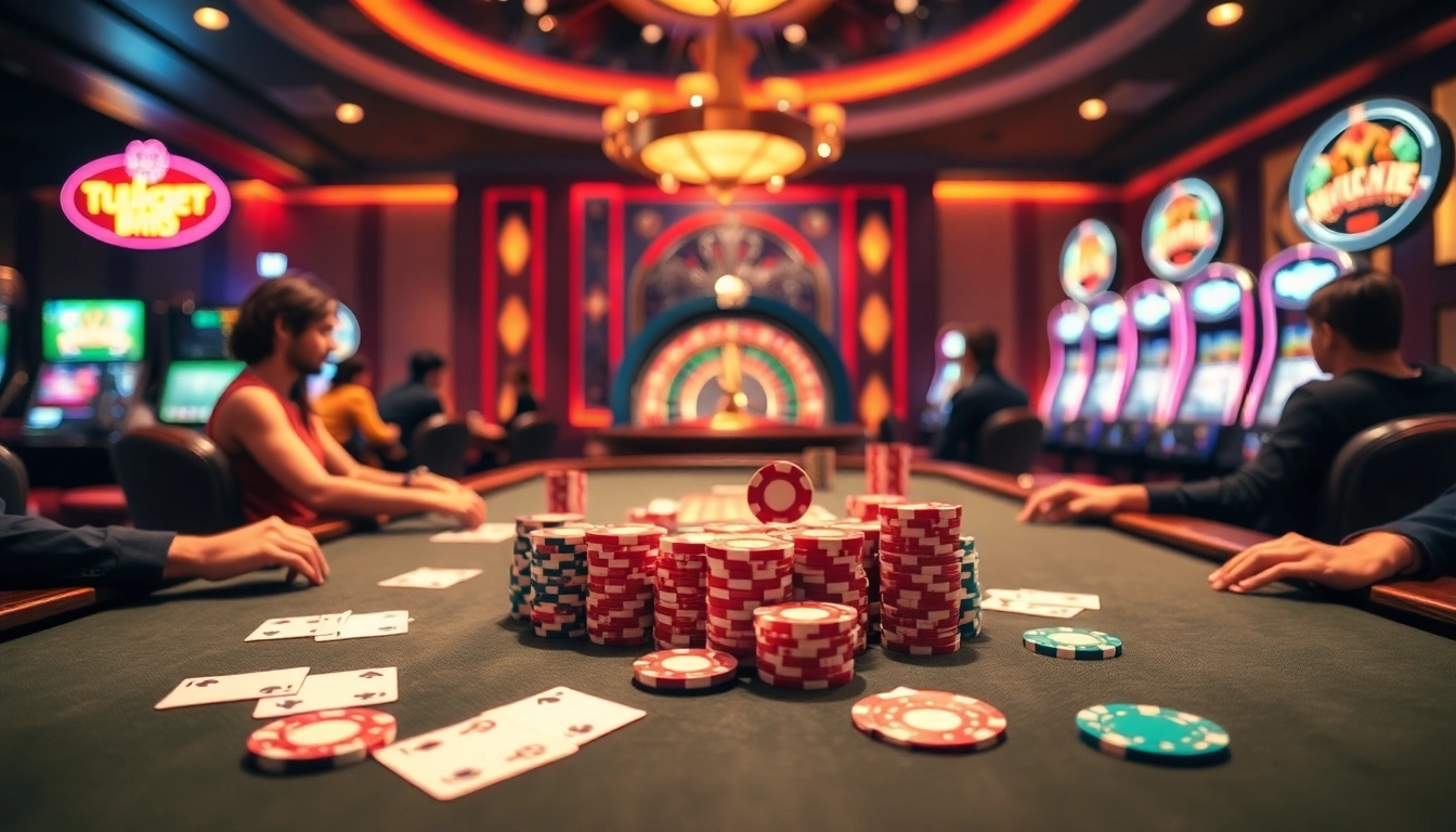 Exciting casino poker scene with tr88 chips and cards in action.