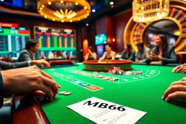 Excited players engaging at the MB66 casino table with vibrant poker chips.