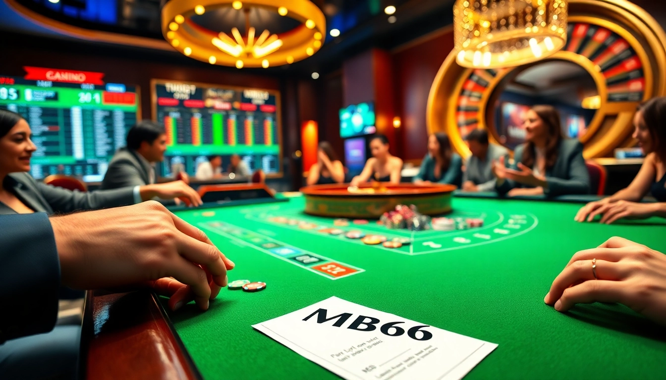 Excited players engaging at the MB66 casino table with vibrant poker chips.