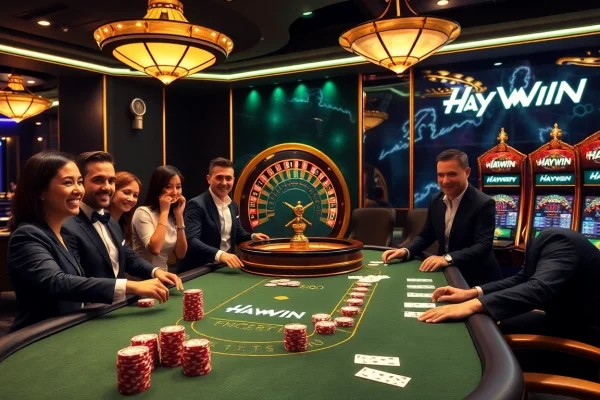 HAYWIN poker table filled with vibrant chips and cards, showcasing excitement in a luxurious casino.