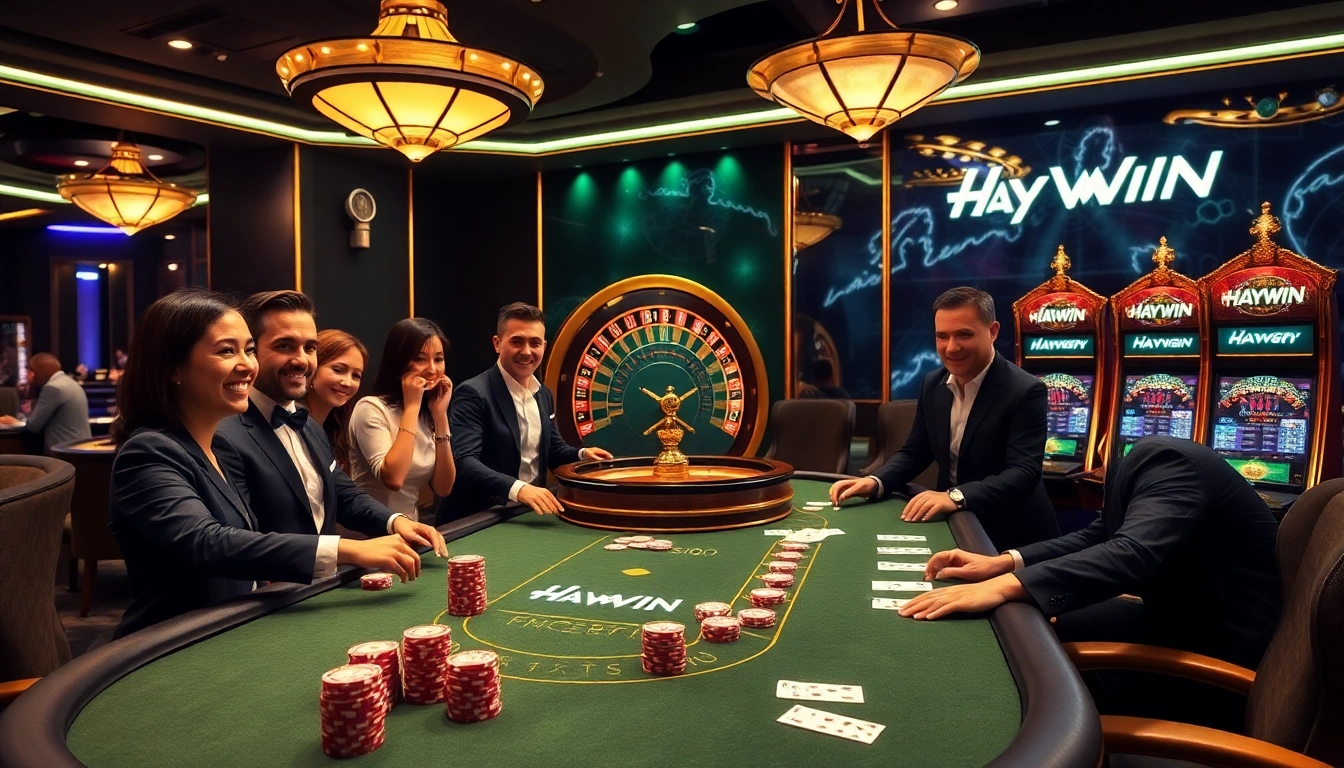 HAYWIN poker table filled with vibrant chips and cards, showcasing excitement in a luxurious casino.