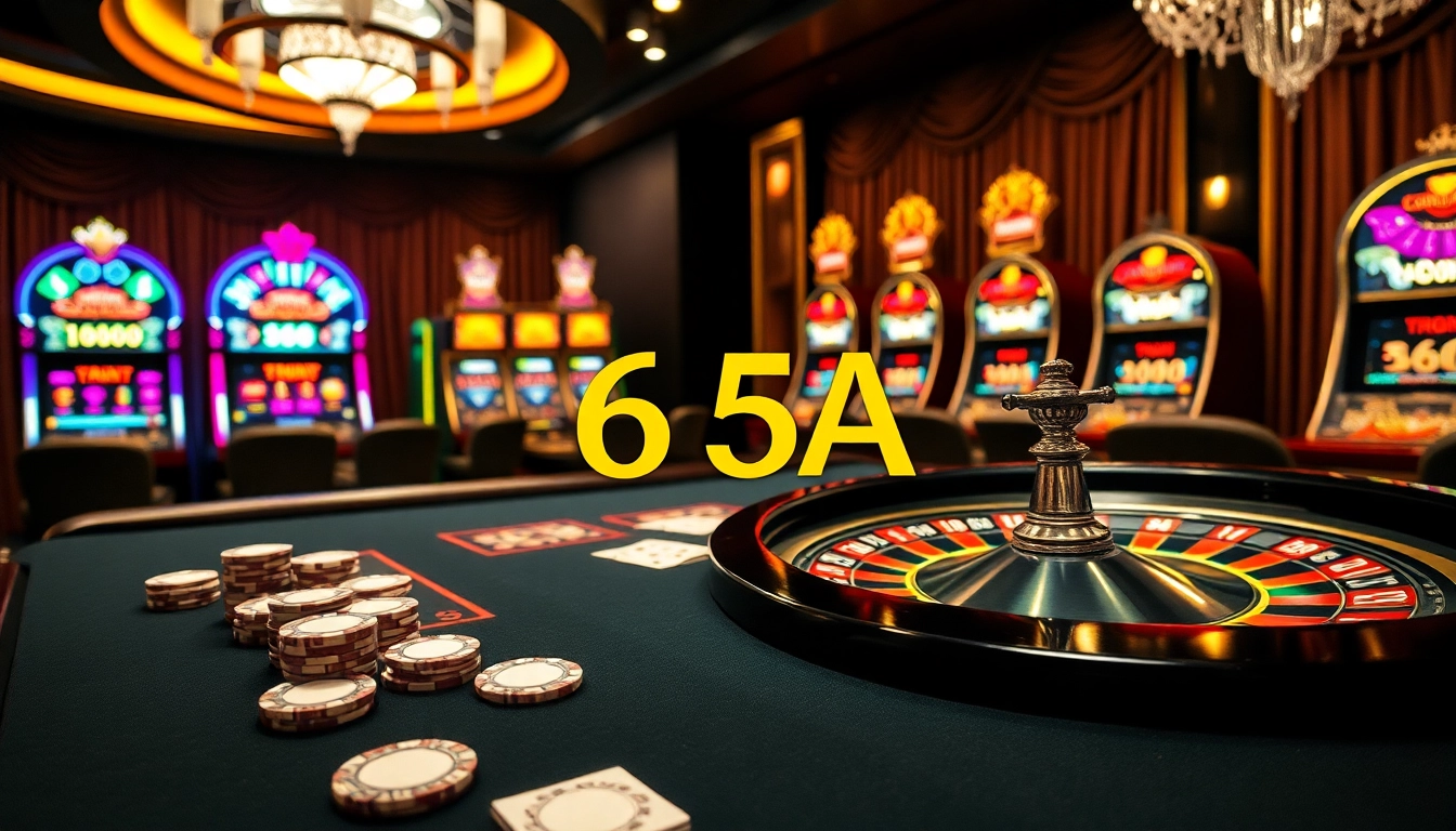 Engaging players at 65A casino table with poker chips, cards, and a vibrant roulette wheel.