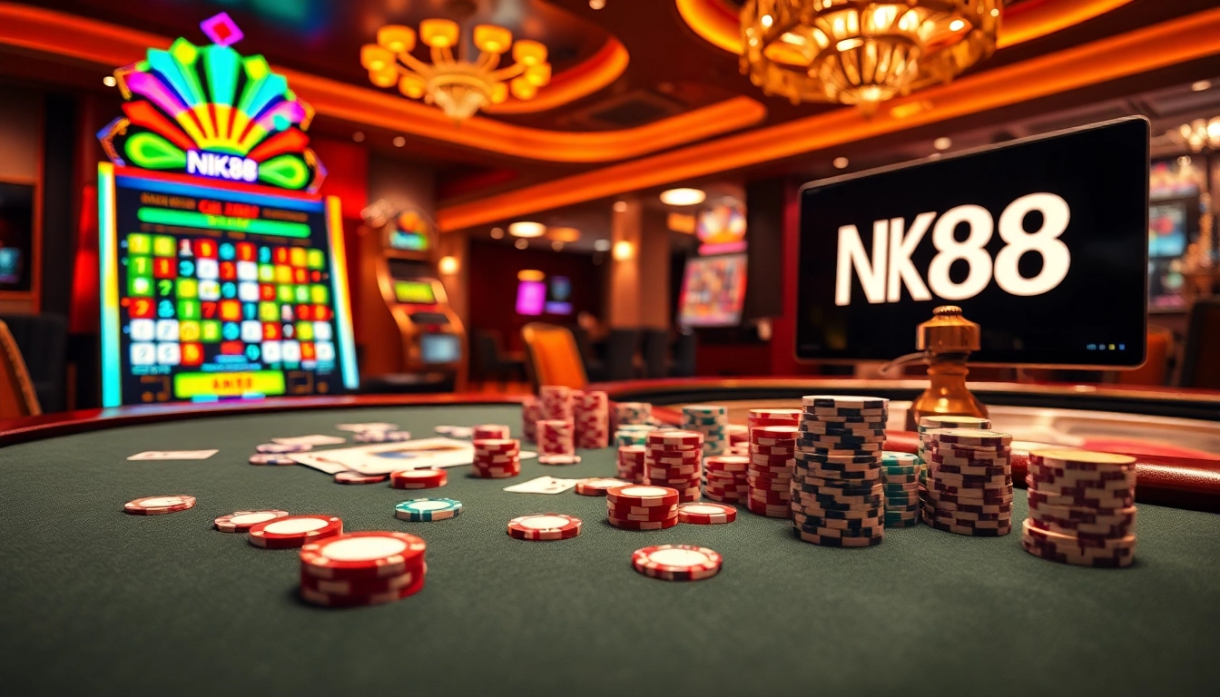 Engaging gambling action at NK88 casino with poker chips and vibrant slot machines.