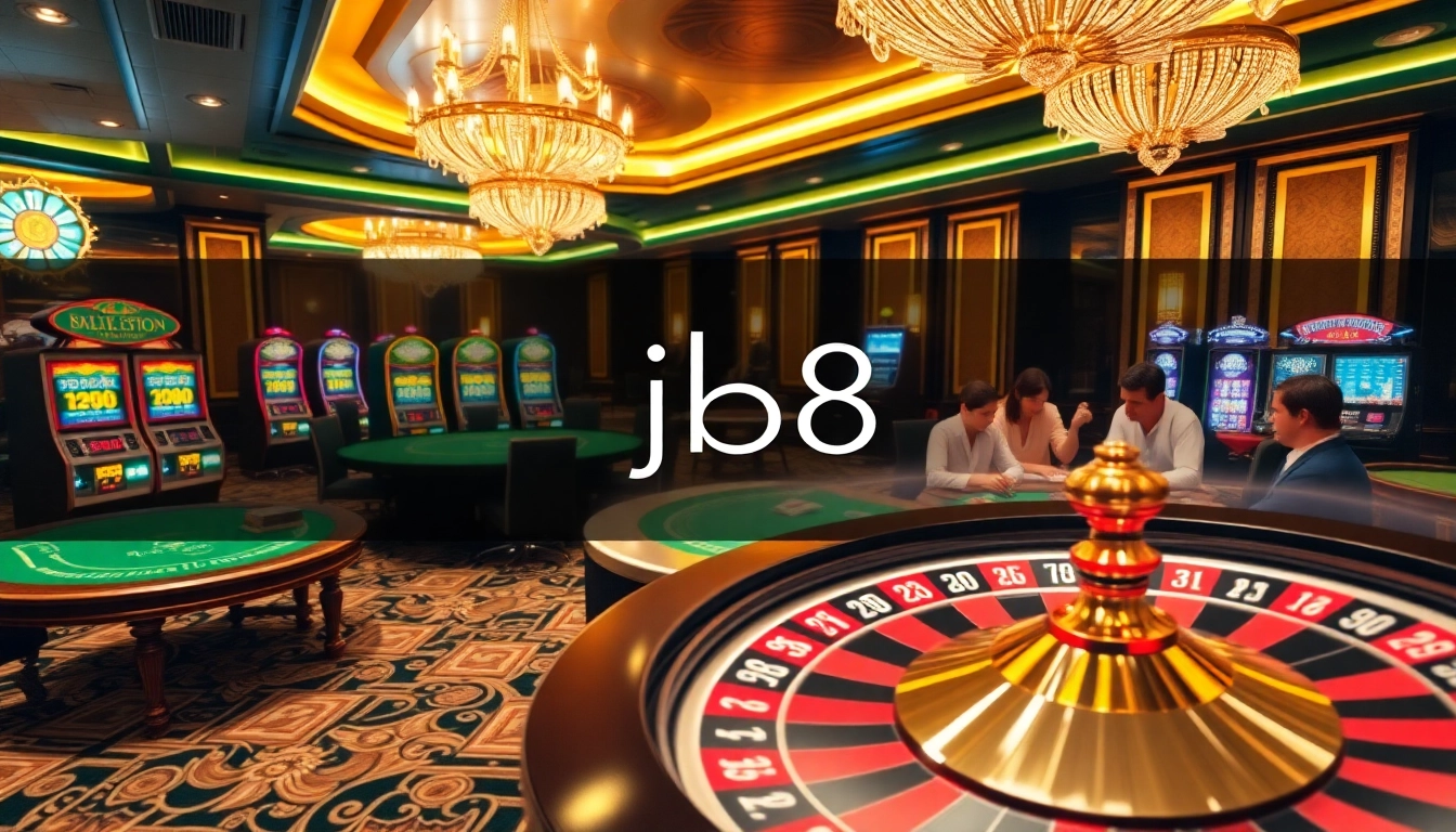 Experience the thrilling action at a j88 casino featuring vibrant slots, poker tables, and a spinning roulette wheel.