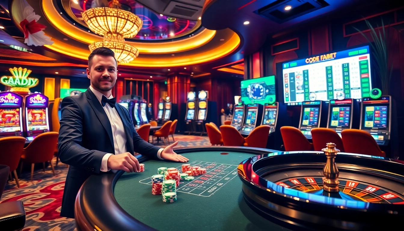 Exciting casino scene showcasing poker chips and roulette reflecting the essence of code fabet.