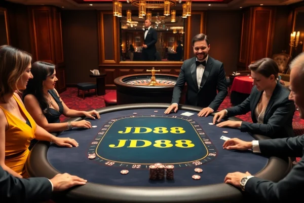 Trải nghiệm bầu không khí cược cao tại bàn poker JD88 khi các người chơi đang tham gia vào một ván đấu căng thẳng.