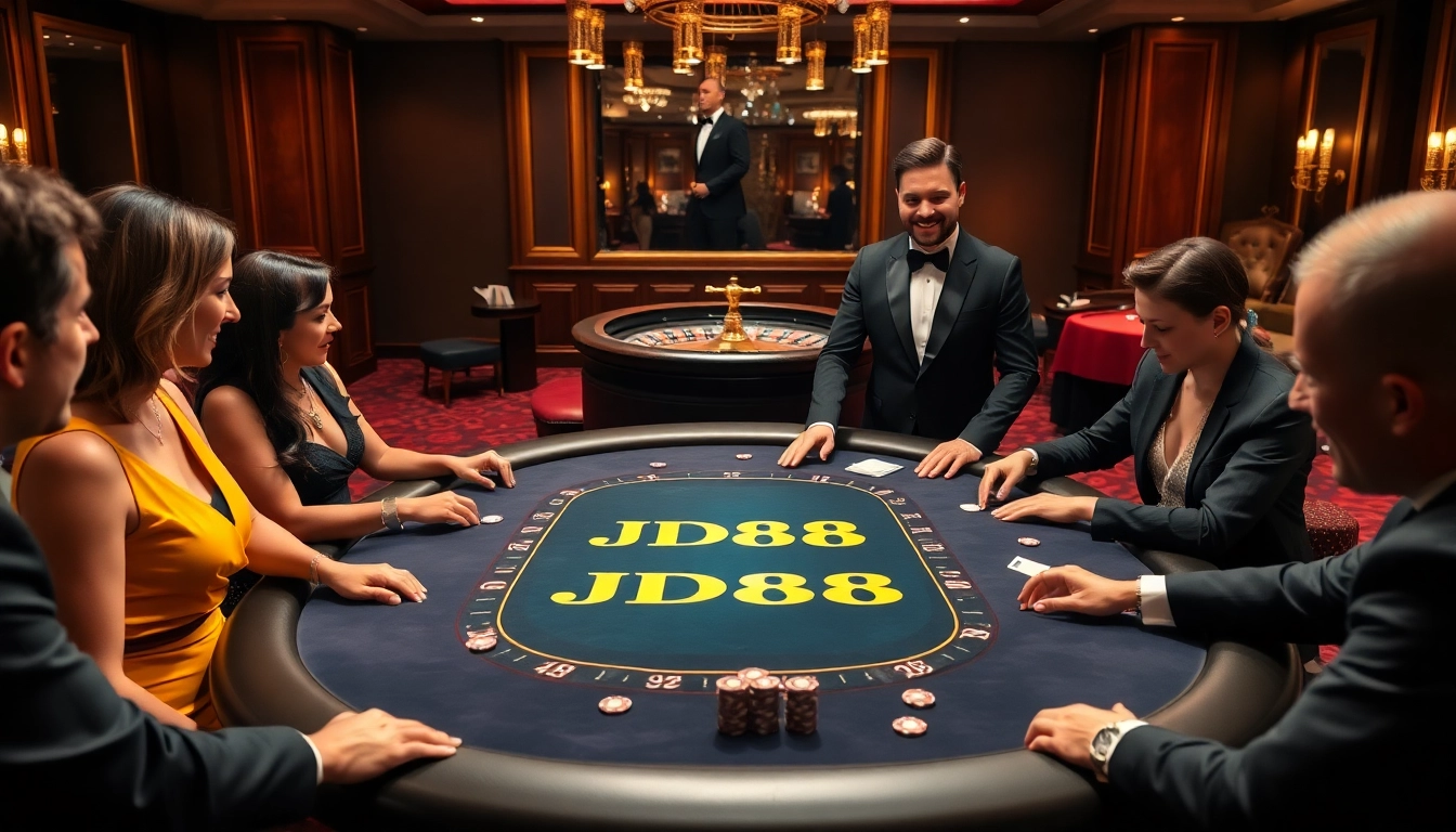 Trải nghiệm bầu không khí cược cao tại bàn poker JD88 khi các người chơi đang tham gia vào một ván đấu căng thẳng.