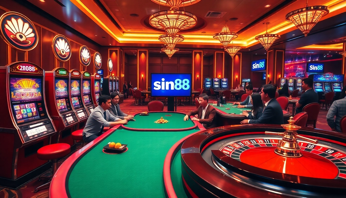 Experience thrilling gameplay with sin88 đăng nhập at a vibrant casino, featuring slots and poker tables.
