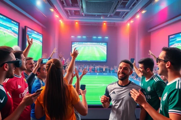 A lively online soccer streaming scene at joemadfan.com, featuring diverse fans cheering, interacting with digital interfaces, and enjoying live matches.