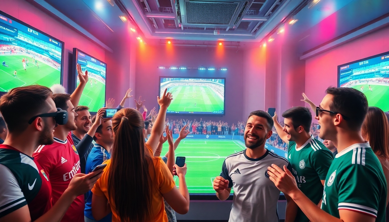 A lively online soccer streaming scene at joemadfan.com, featuring diverse fans cheering, interacting with digital interfaces, and enjoying live matches.