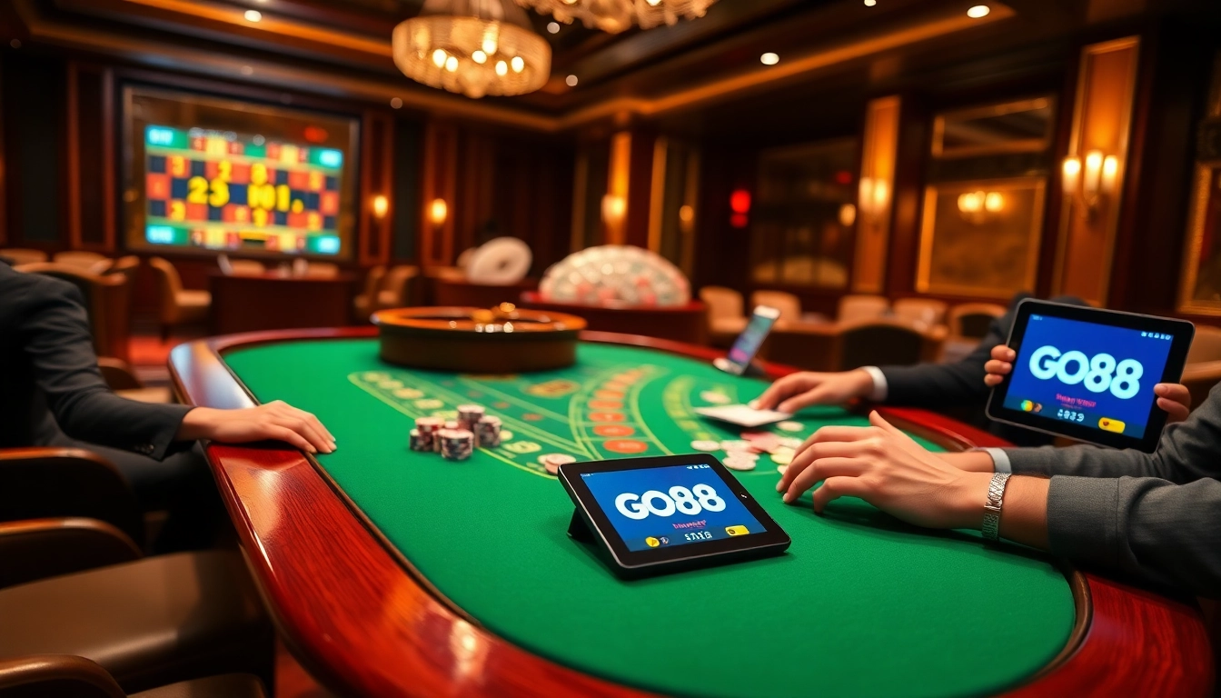 Players enjoying a thrilling game at go88's luxurious casino table with vibrant chips.