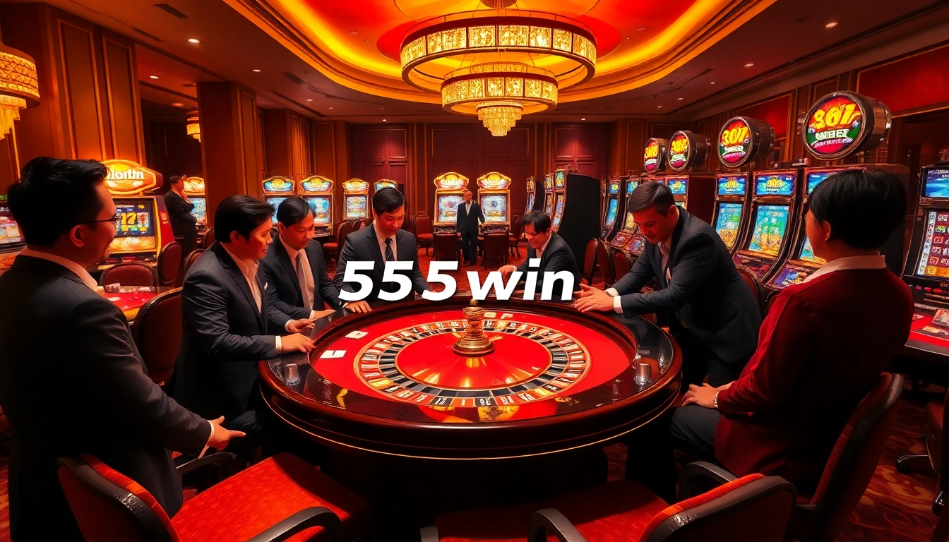 Experience thrilling gameplay with 555win at a luxurious casino table, surrounded by vibrant slot machines.