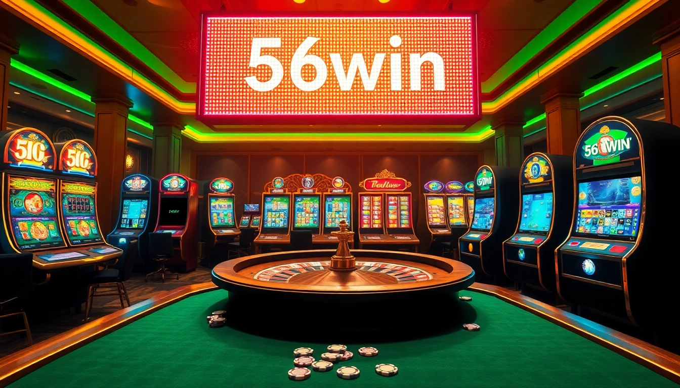 A dynamic casino scene featuring vibrant tables and slot machines, highlighting 56win excitement and luxury.