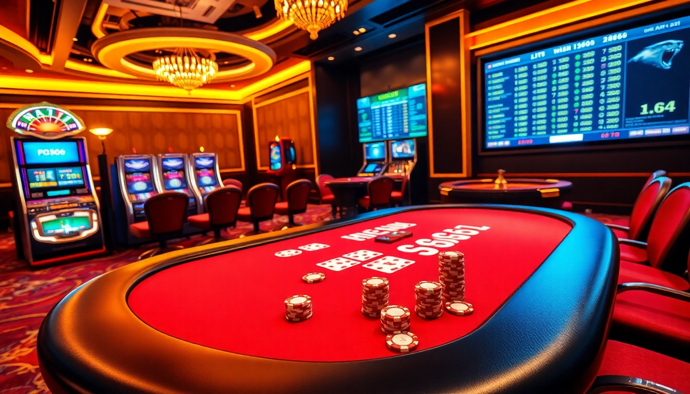 Gambling excitement at MB66 casino with poker tables, slot machines, and roulette wheel.