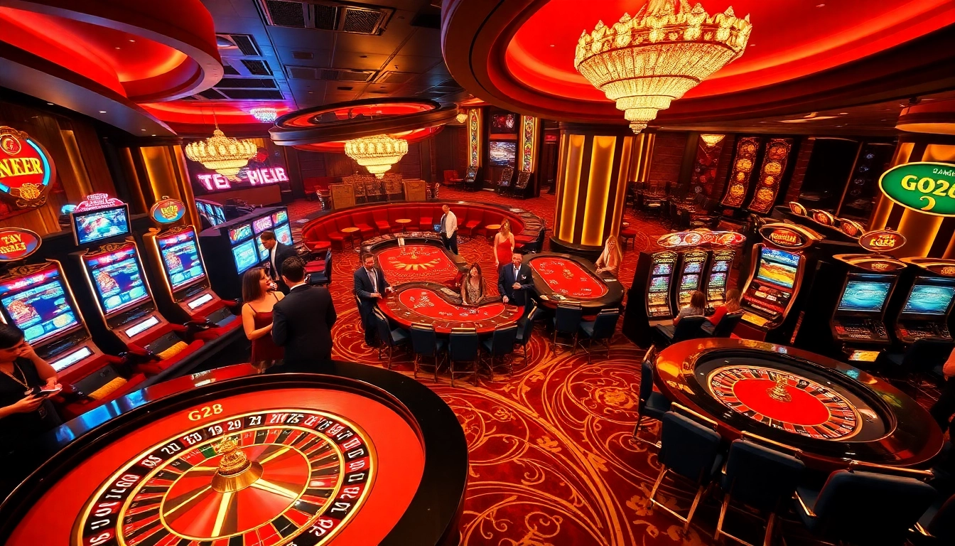 Engaging players at Trang chủ G28’s vibrant casino scene with roulette and slot machines.