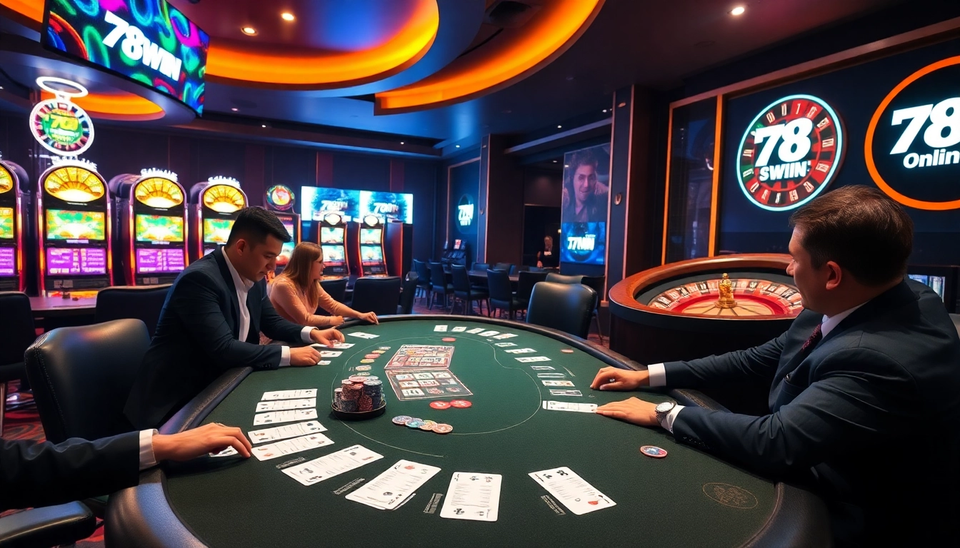 Exciting casino atmosphere with engaged players and 78WIN branding.