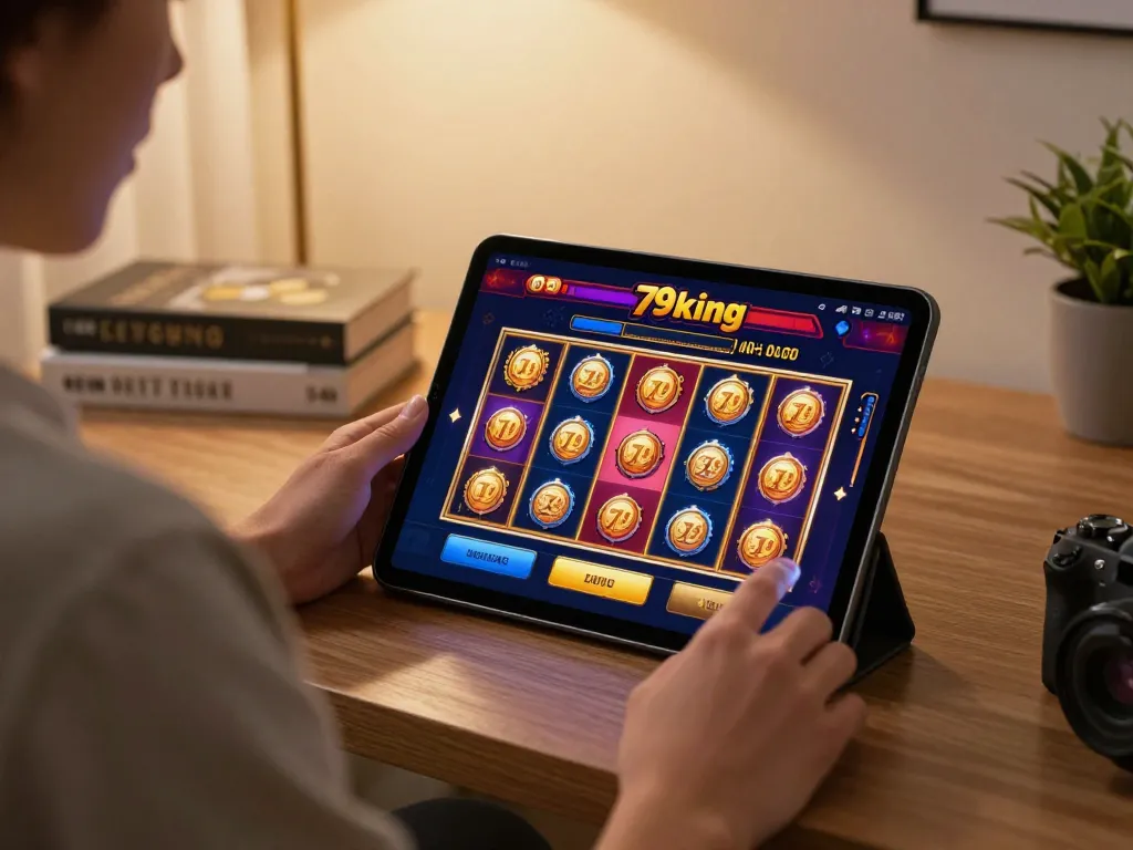 Player exploring 79king slot games on tablet, enjoying cozy home gaming setup.