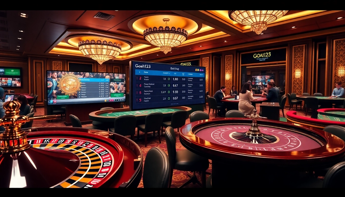 Goal123 players enjoying blackjack and roulette in a vibrant casino atmosphere.