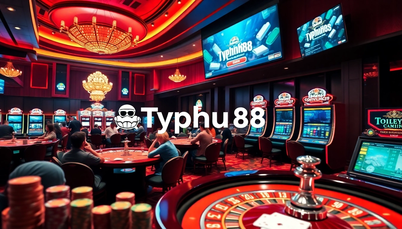 Engaging in high-stakes games at Typhu88 casino, showcasing vibrant roulette and poker tables.