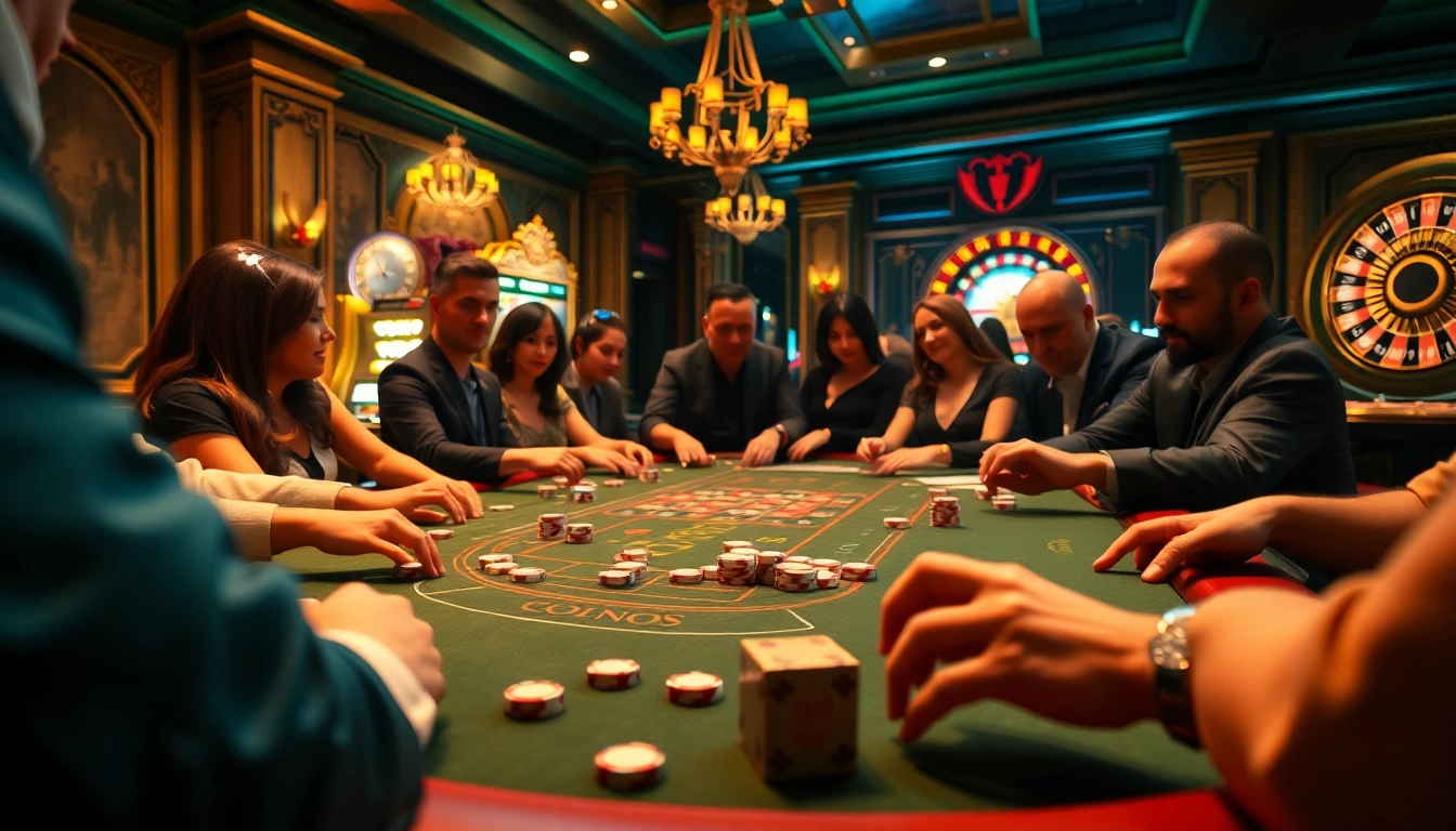 Players engaging at a poker table in a luxurious casino setting at MMOO.