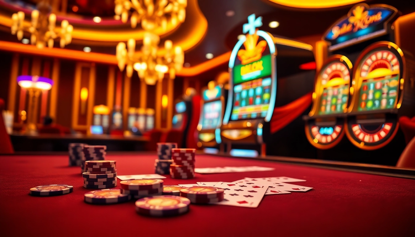 Experience the excitement of BDTK1 with a vibrant casino setting featuring roulette wheels and poker chips.