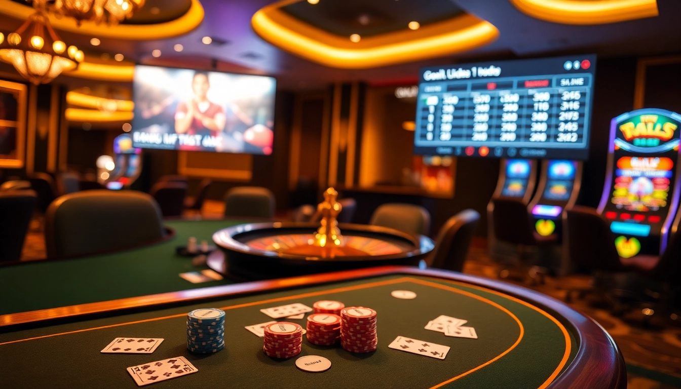 Experience thrilling moments at Goal123 with vibrant poker chips and an engaging roulette table.