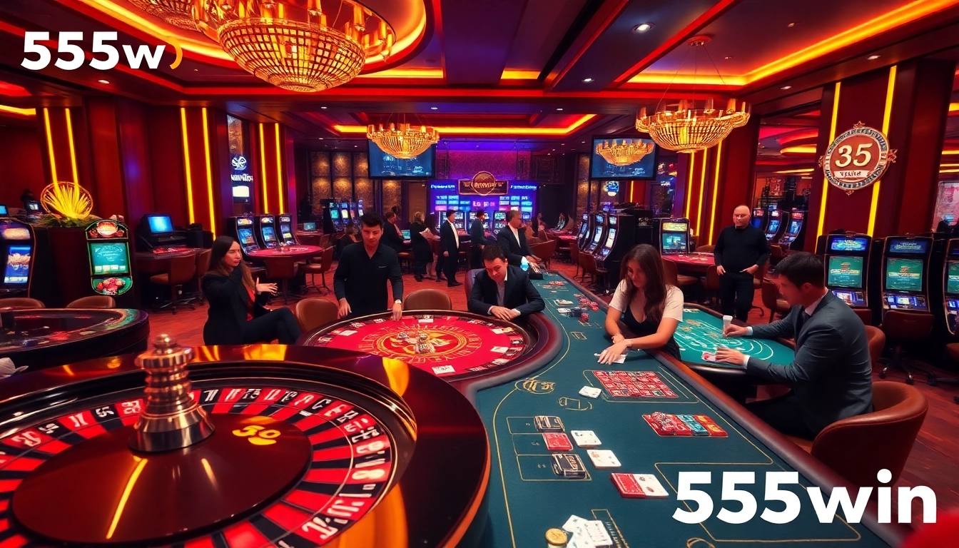 Players enjoying an exciting gaming experience at 555win casino, surrounded by slot machines and poker tables.