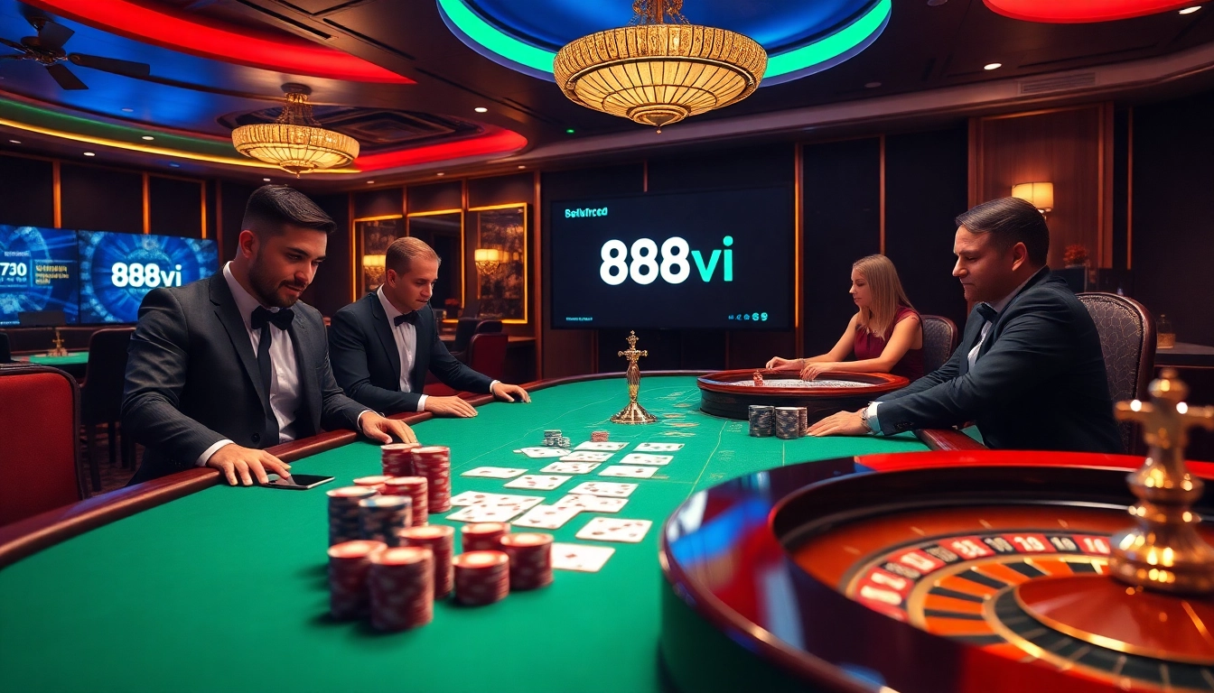The thrilling atmosphere of gambling at https://888vi.com.co/ with luxurious poker tables, vibrant dealers, and players enjoying high-stakes games.