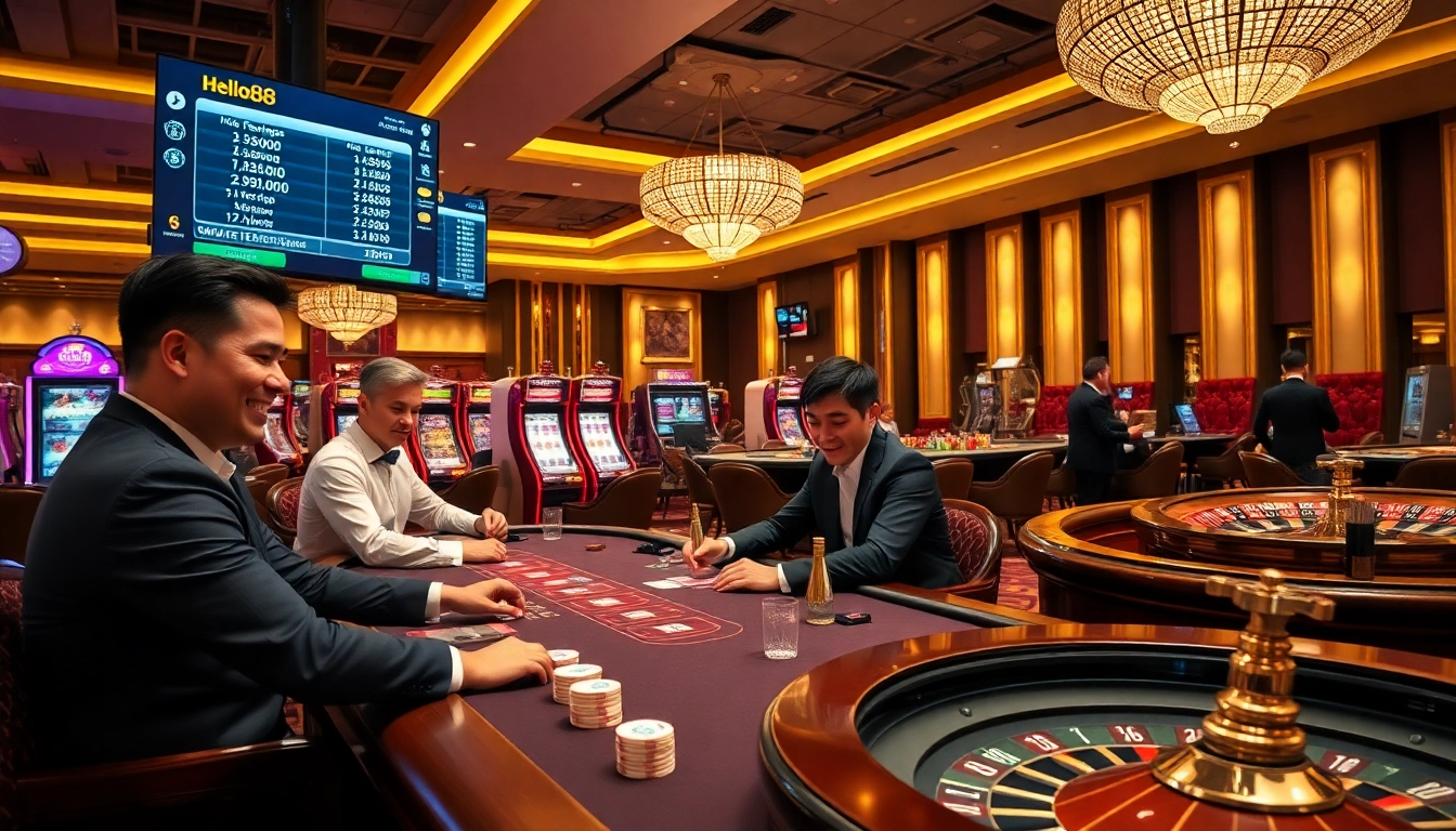 Engaging players in a luxurious hello88 casino with vibrant slot machines and poker tables.