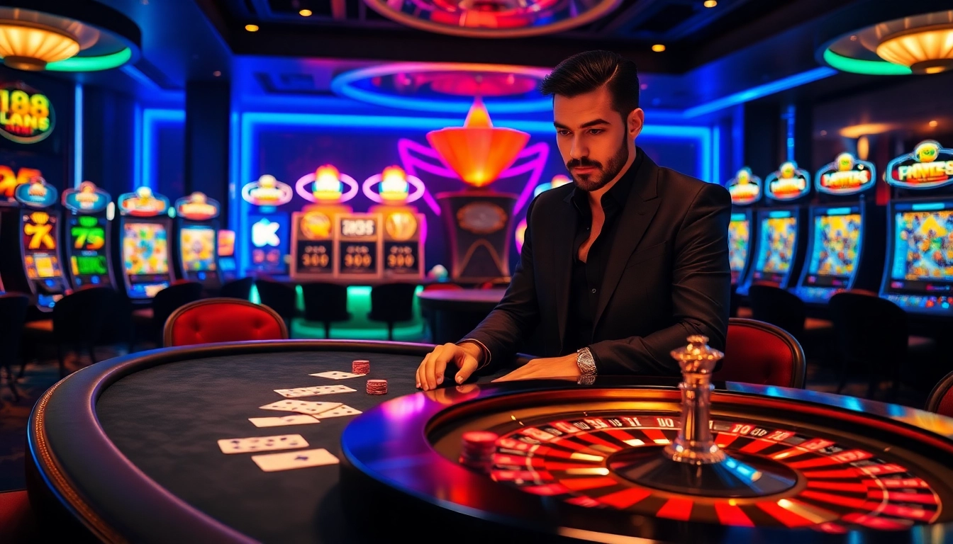 Engaged player enjoying gaming experience at RR88 linh casino with vibrant tables and slot machines.