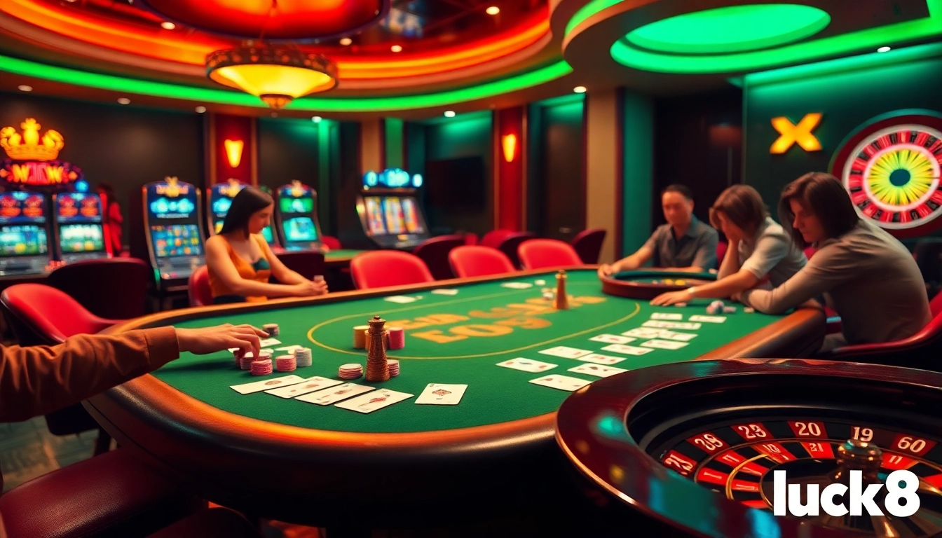 Players enjoy intense poker games at a luxurious luck8 casino table, surrounded by vibrant chips and cards.