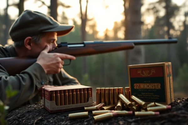 Hunter aiming with a .32 win rifle in a forest, showcasing Winchester Special ammunition