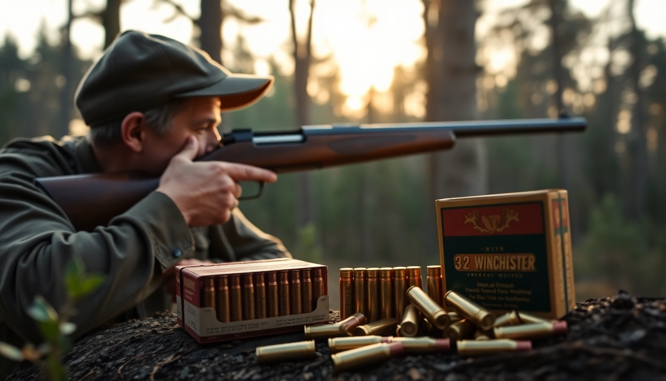 Hunter aiming with a .32 win rifle in a forest, showcasing Winchester Special ammunition