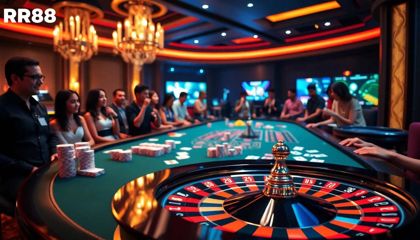 RR88 casino environment showcasing vibrant poker chips and an active roulette wheel for immersive gaming.