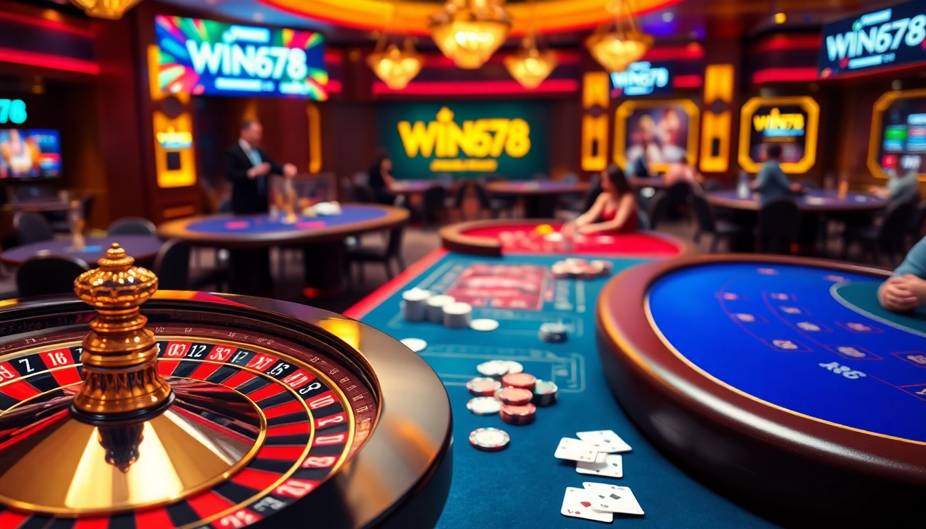 Experience the excitement of WIN678 with vibrant casino tables and roulette wheels.