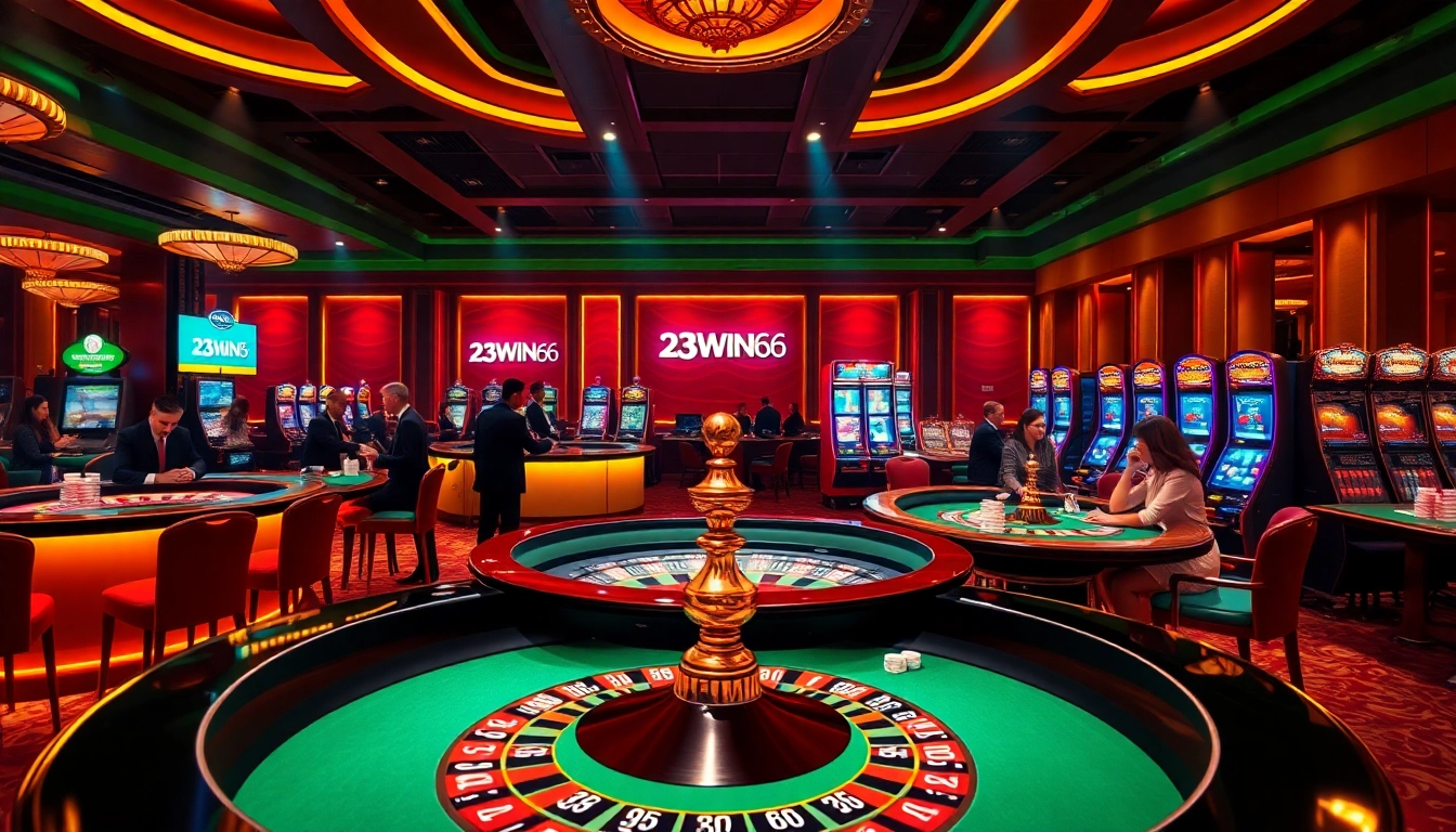 Excited players enjoy a thrilling moment at a 23win06 casino table with vibrant poker chips and a roulette wheel.