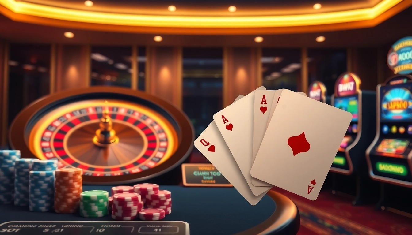 Experience winning at 8kbet with vibrant casino elements like poker chips and a roulette wheel.