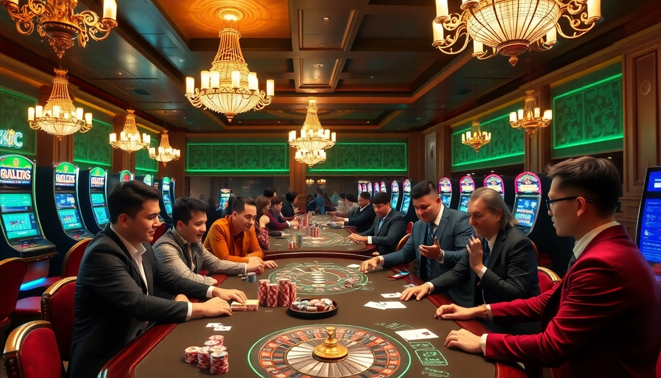 KJC gamblers enjoy high-stakes poker at a luxury casino table filled with chips and cards.