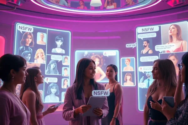 Engaging users with NSFW AI platforms in a futuristic digital space, showcasing emotional interactions.