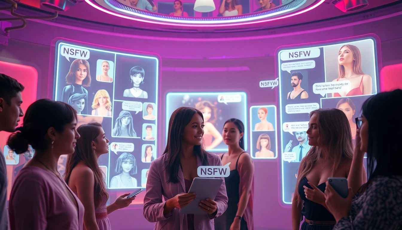 Engaging users with NSFW AI platforms in a futuristic digital space, showcasing emotional interactions.