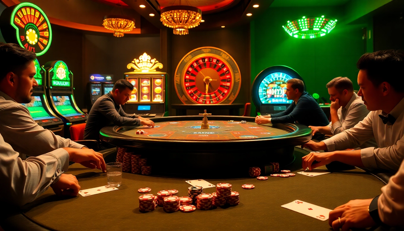 B52 players experience intense poker action at a luxurious casino table with vibrant chips and cards.
