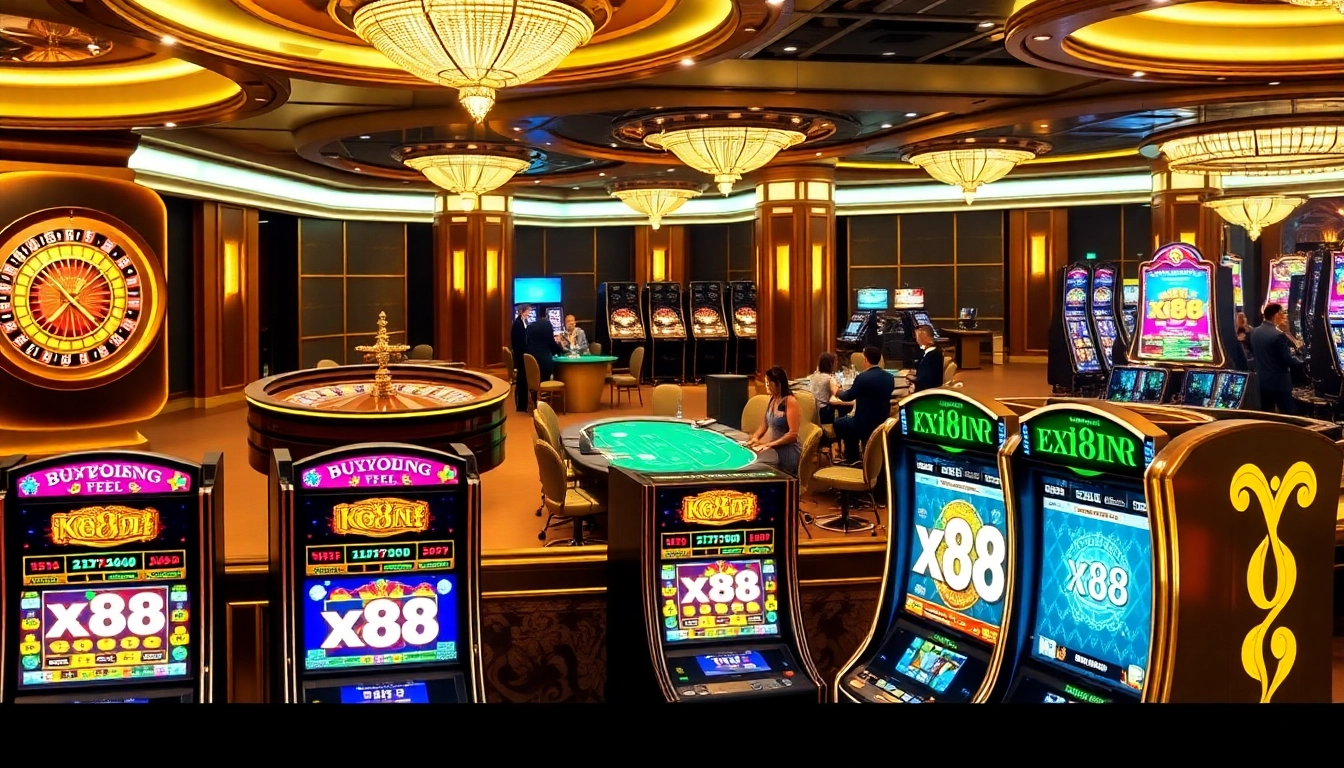 X88 casino excitement with roulette and poker tables, showcasing vibrant gameplay.