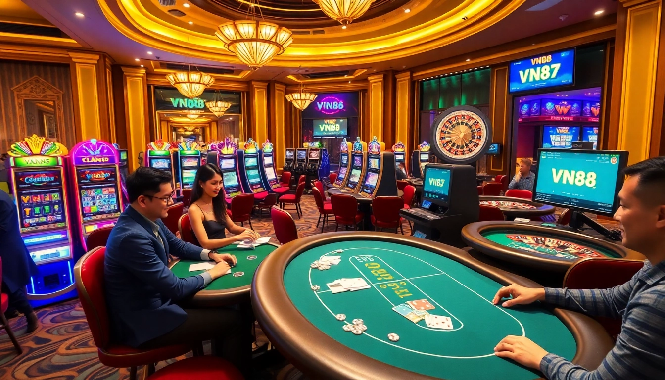 Engaging online gambling scene at https://vn88.gives/ showcasing poker tables, slot machines, and professional players.