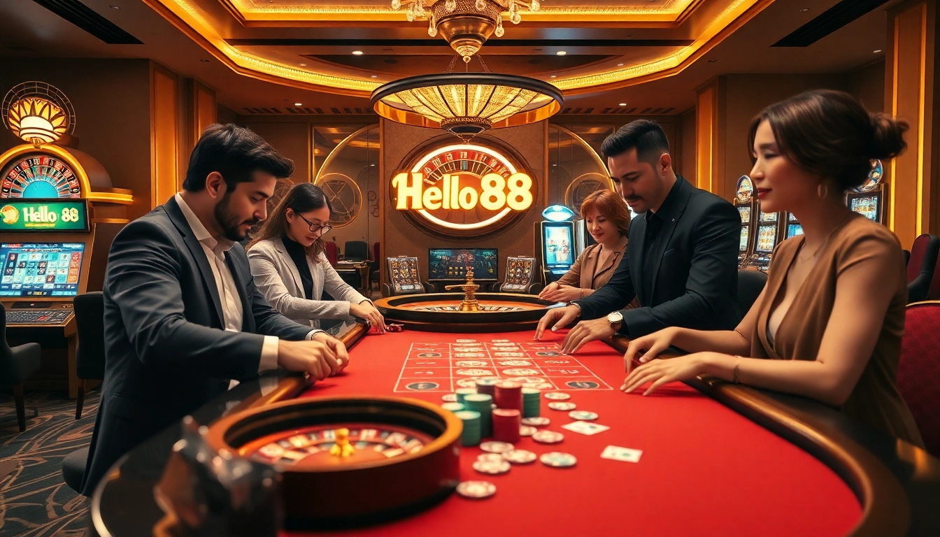 Hello88 casino players enjoy vibrant gaming at an elegant table with colorful chips and cards.