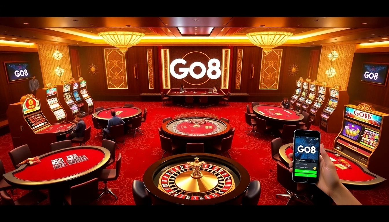 Go8 players enjoying poker and roulette in a luxurious casino setting.