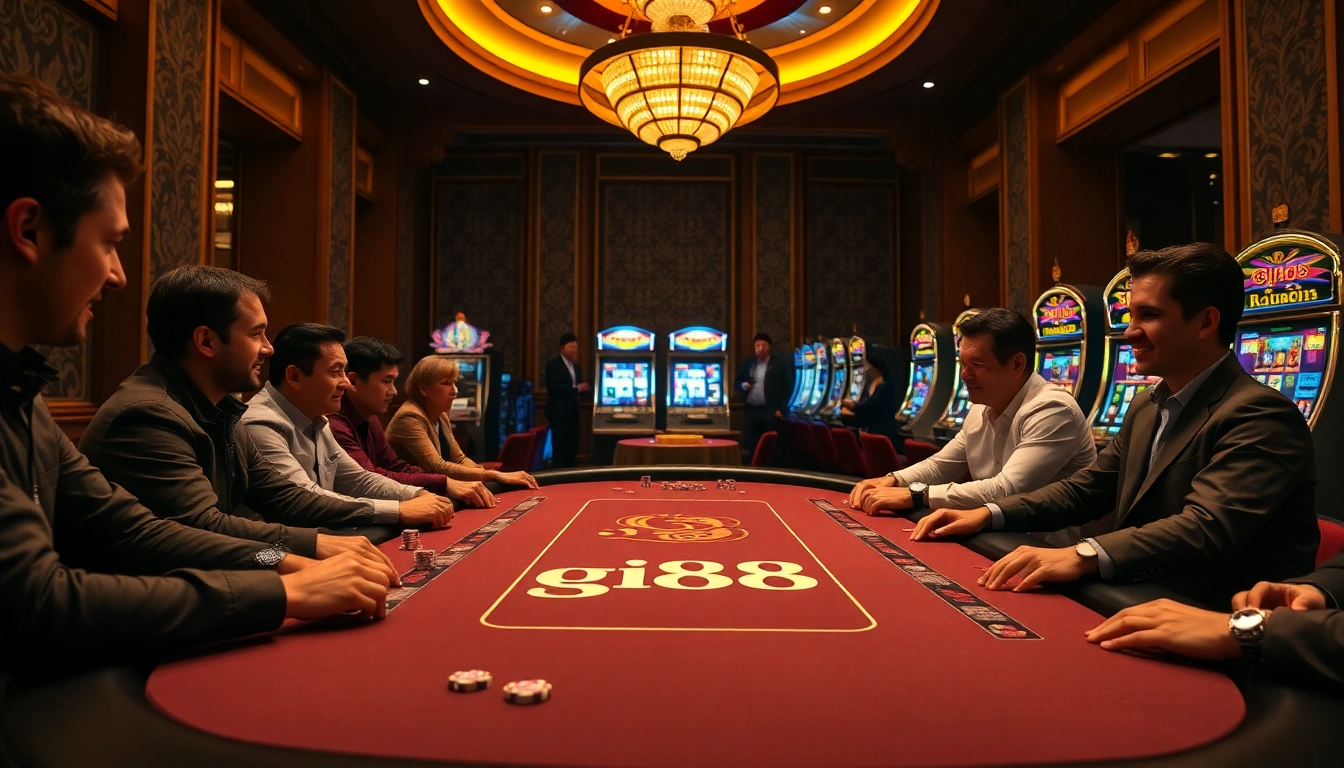 Experience the excitement of gi88 at a high-stakes poker table, with players engaged in thrilling gameplay.